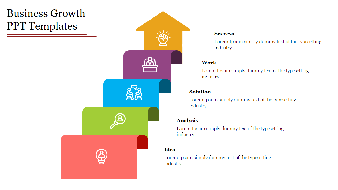 A colorful staircase slide with icons representing stages of business growth from success to idea with placeholder text.