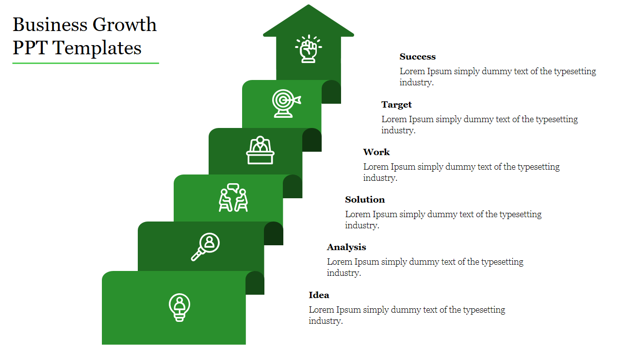 Six-step green staircase infographic with white icons and captions representing stages of business growth.