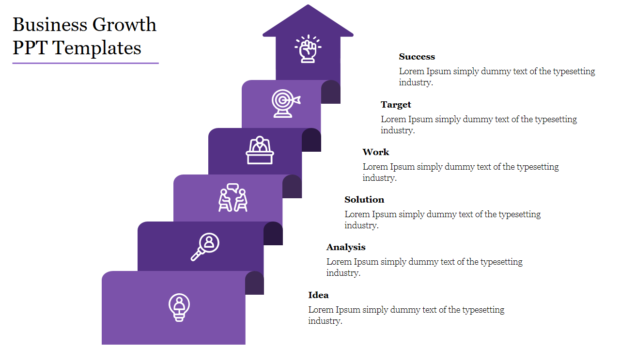 Business growth template showing a six-step purple staircase with white icons and text aligned to the right.