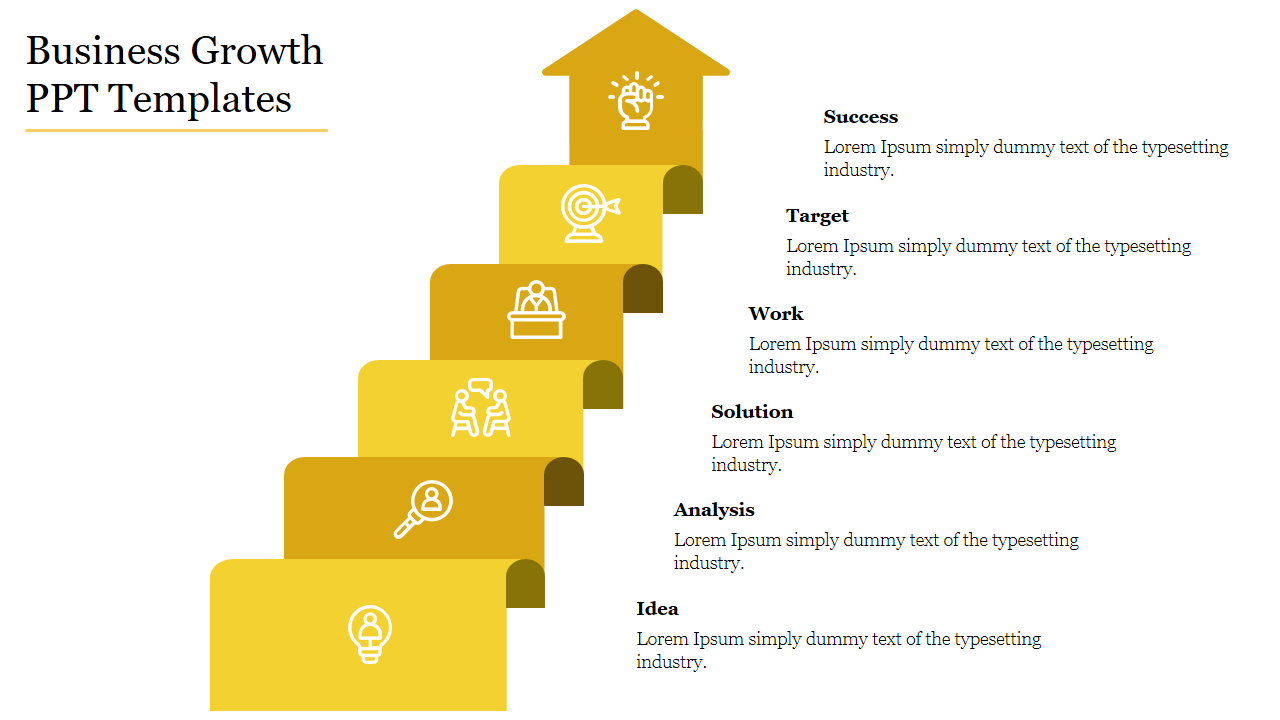 A slide with a yellow staircase represents business growth, with stages each paired with an icon and placeholder text.