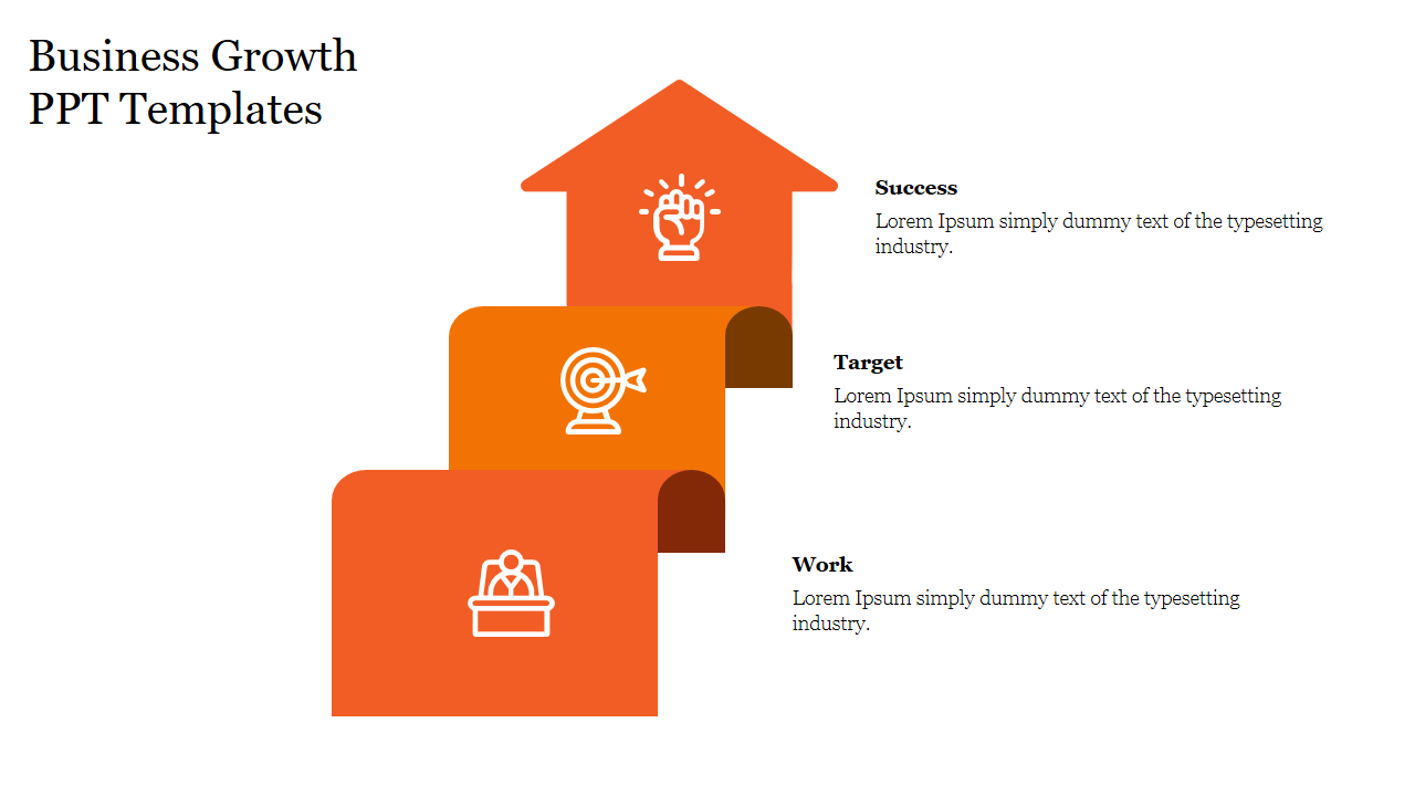 Three stacked orange blocks ascending to an arrow shaped top, each featuring white icons and text, symbolizing growth.