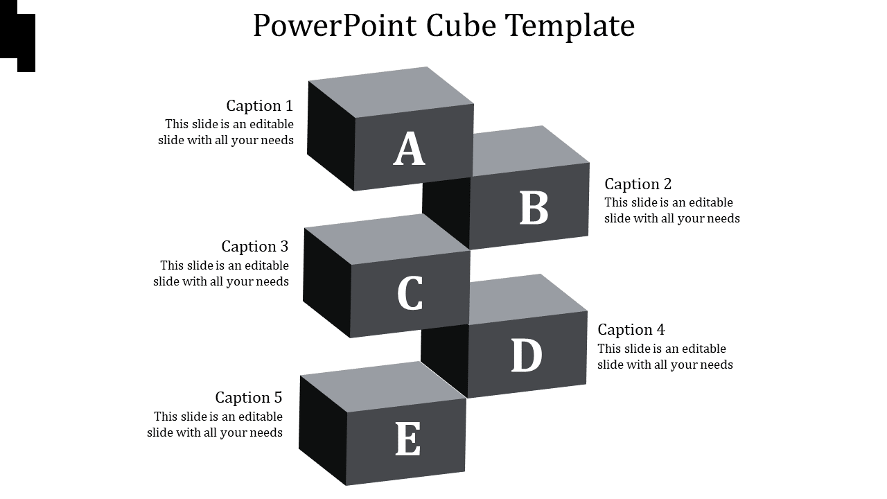 A series of gray cubes stacked in a staggered layout, labeled A to E, with captions to the left and right.