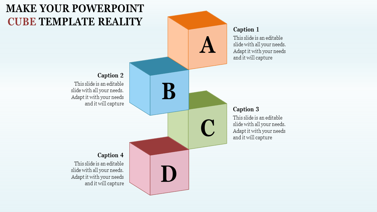 PowerPoint template with four colorful cubes labeled A, B, C, and D, each with captions.