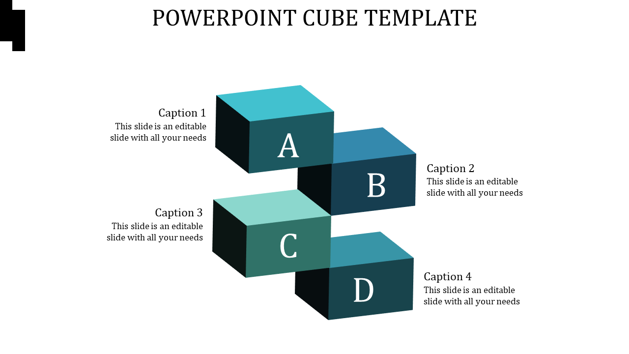 PowerPoint template with four 3D cubes in teal and blue shades, each with numbered captions.