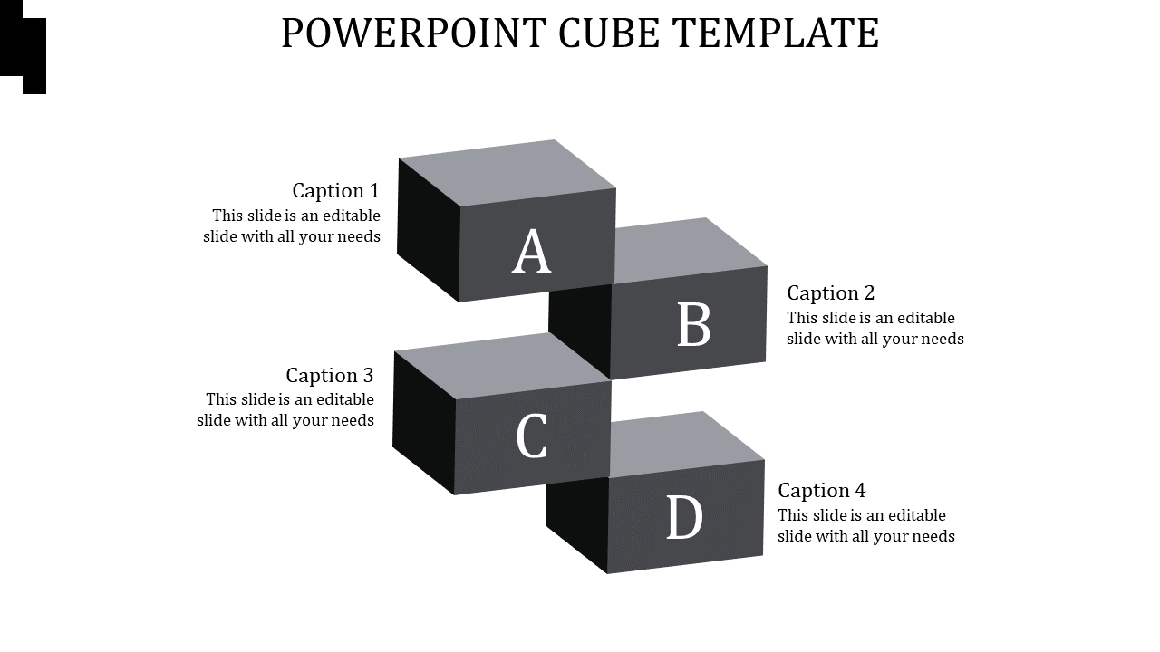 Four gray cubes labeled A, B, C, and D arranged in a stepped pattern, with captions aligned to the left and right.