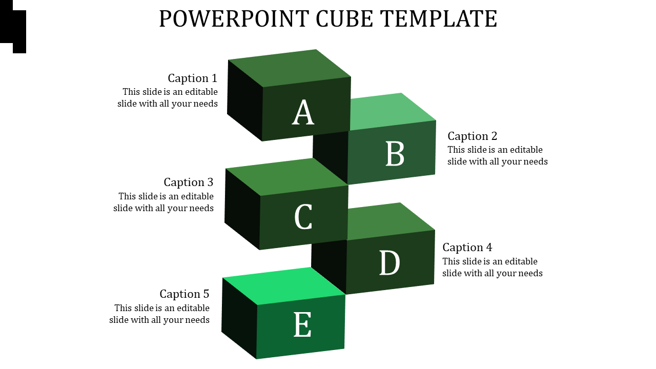 Staggered green cube infographic with labels A, B, C, D, E, and captions positioned to the left and right.