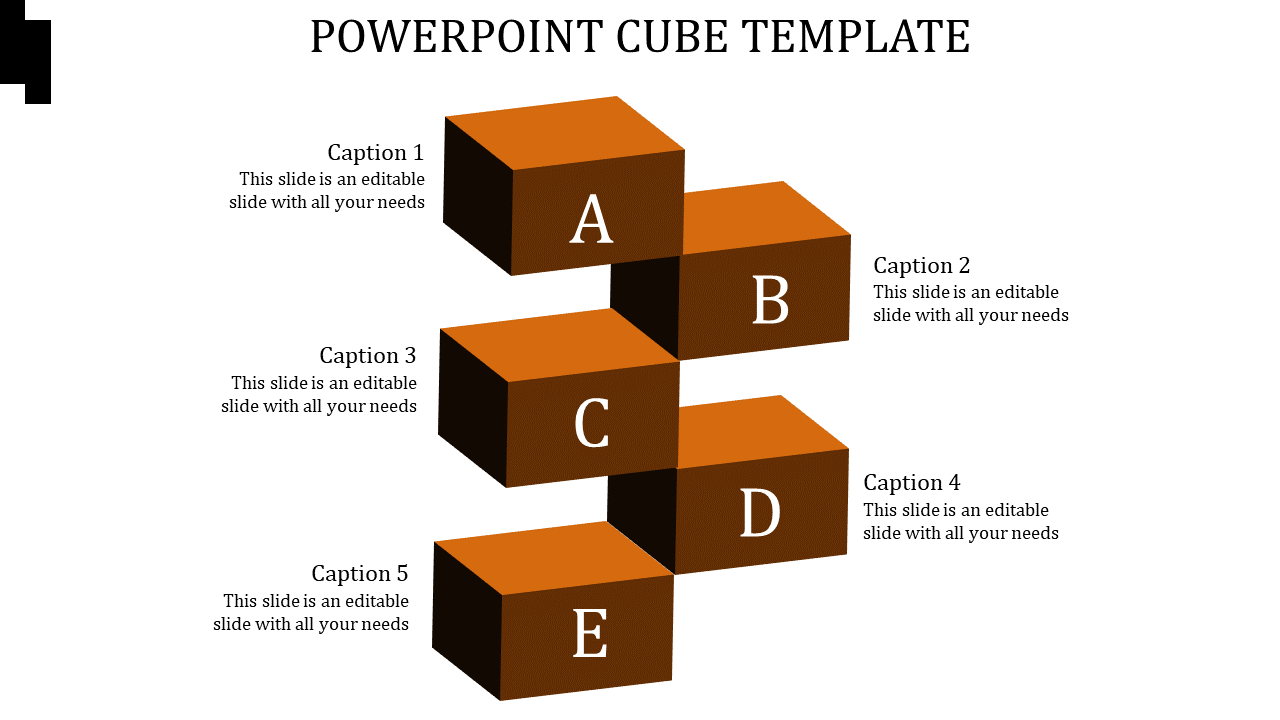 PowerPoint template with five 3D cubes in orange and brown, each with numbered captions.