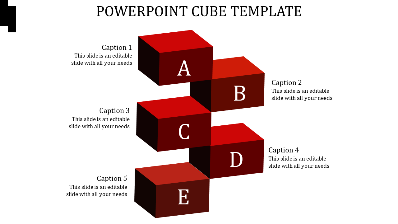 Five 3D red cubes in a stepped design, each marked with letters A to E and paired with descriptive captions.