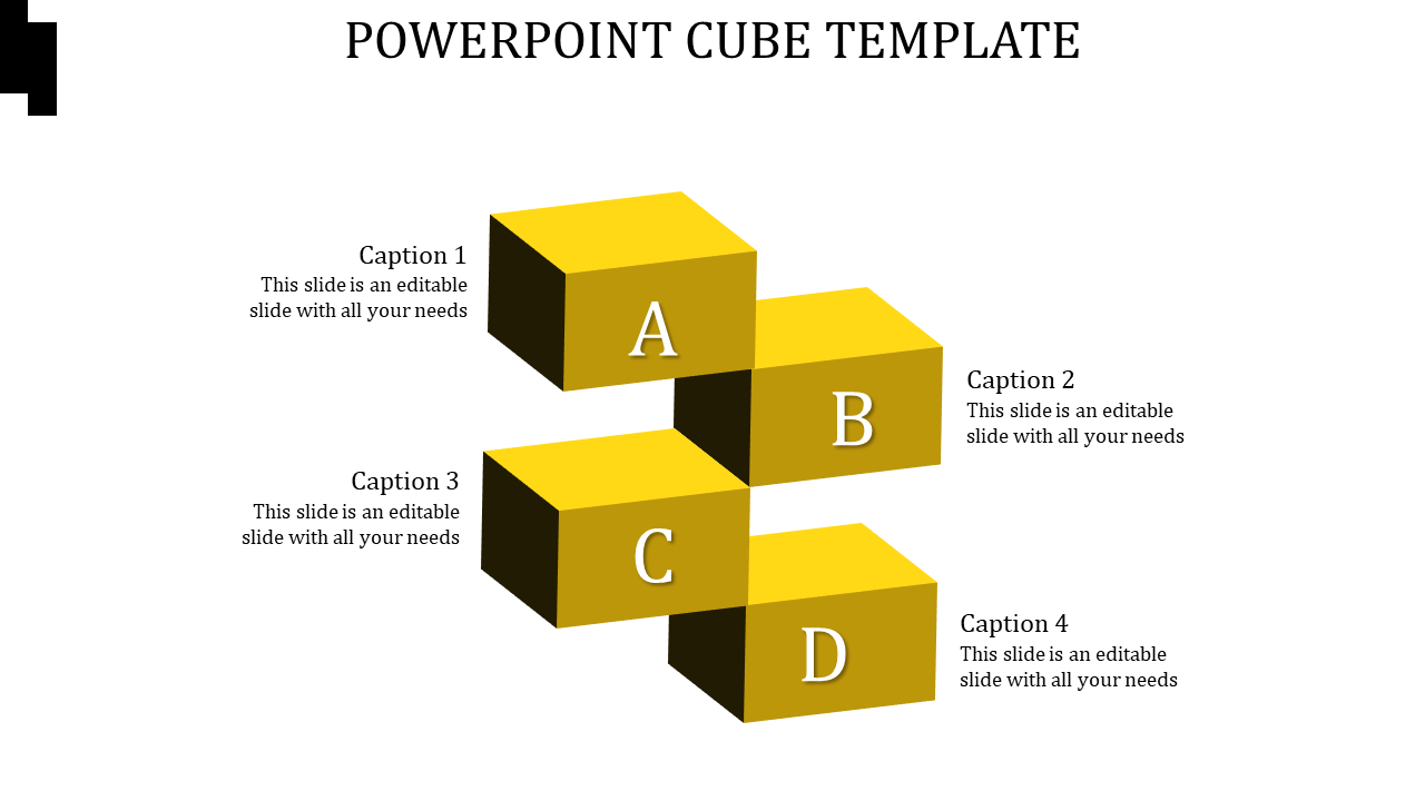 3D cube infographic with yellow blocks labeled A, B, C, and D, each aligned with captions areas placed in white backdrop.