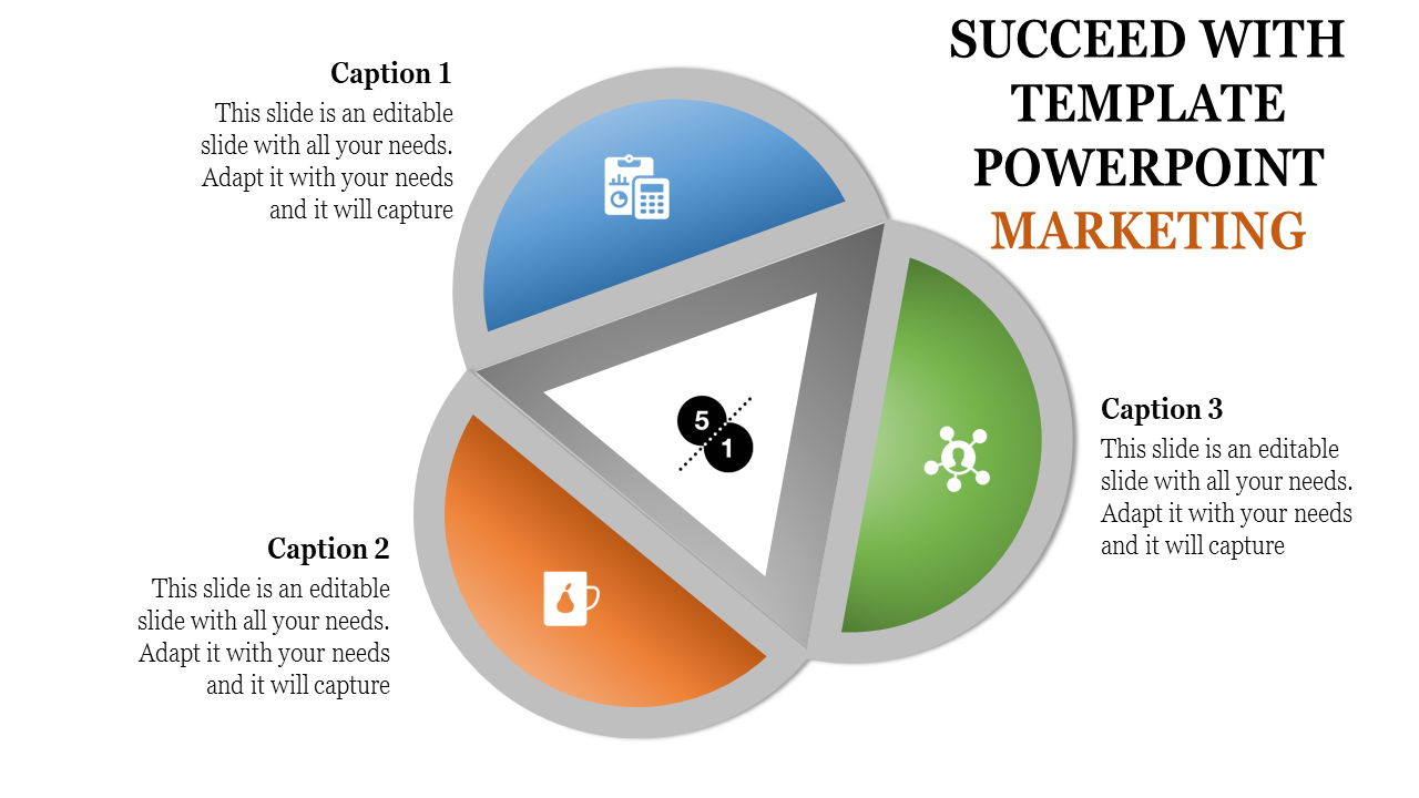 A marketing PPT template with a triangular diagram and icons representing processes with placeholder text.