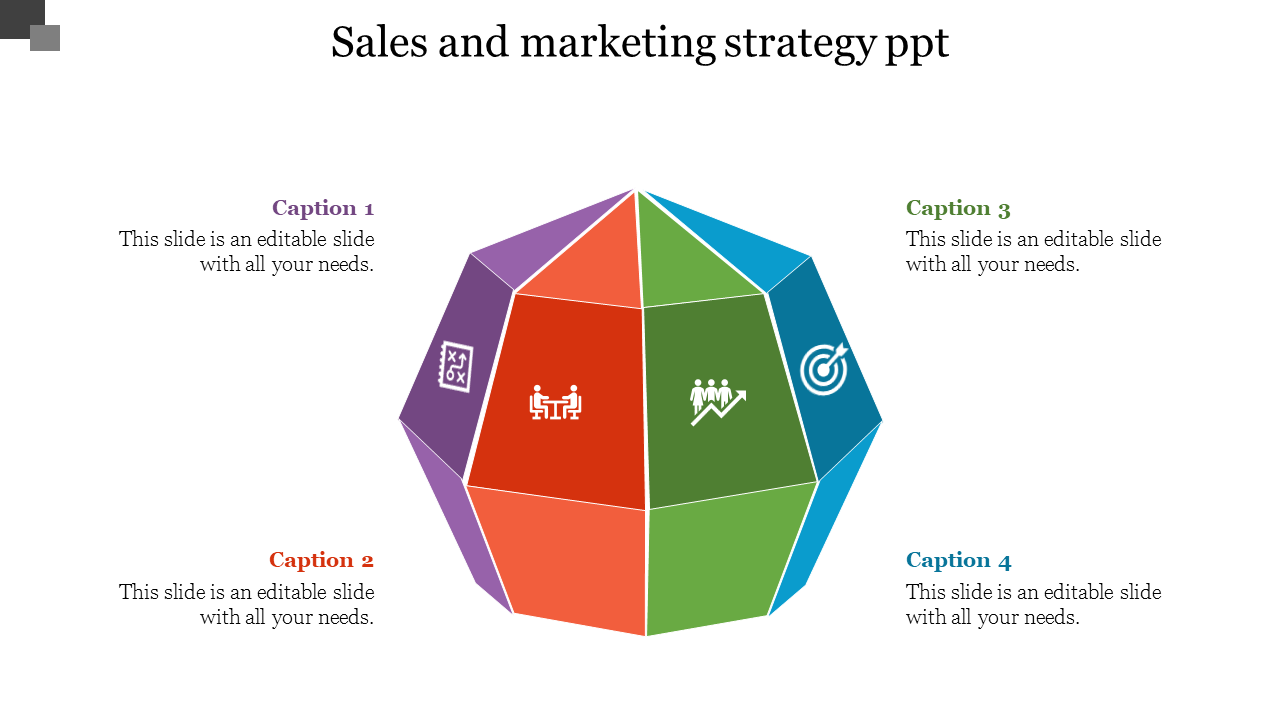 Sales and marketing strategy PowerPoint template with colorful sections and icons for each segment with captions.