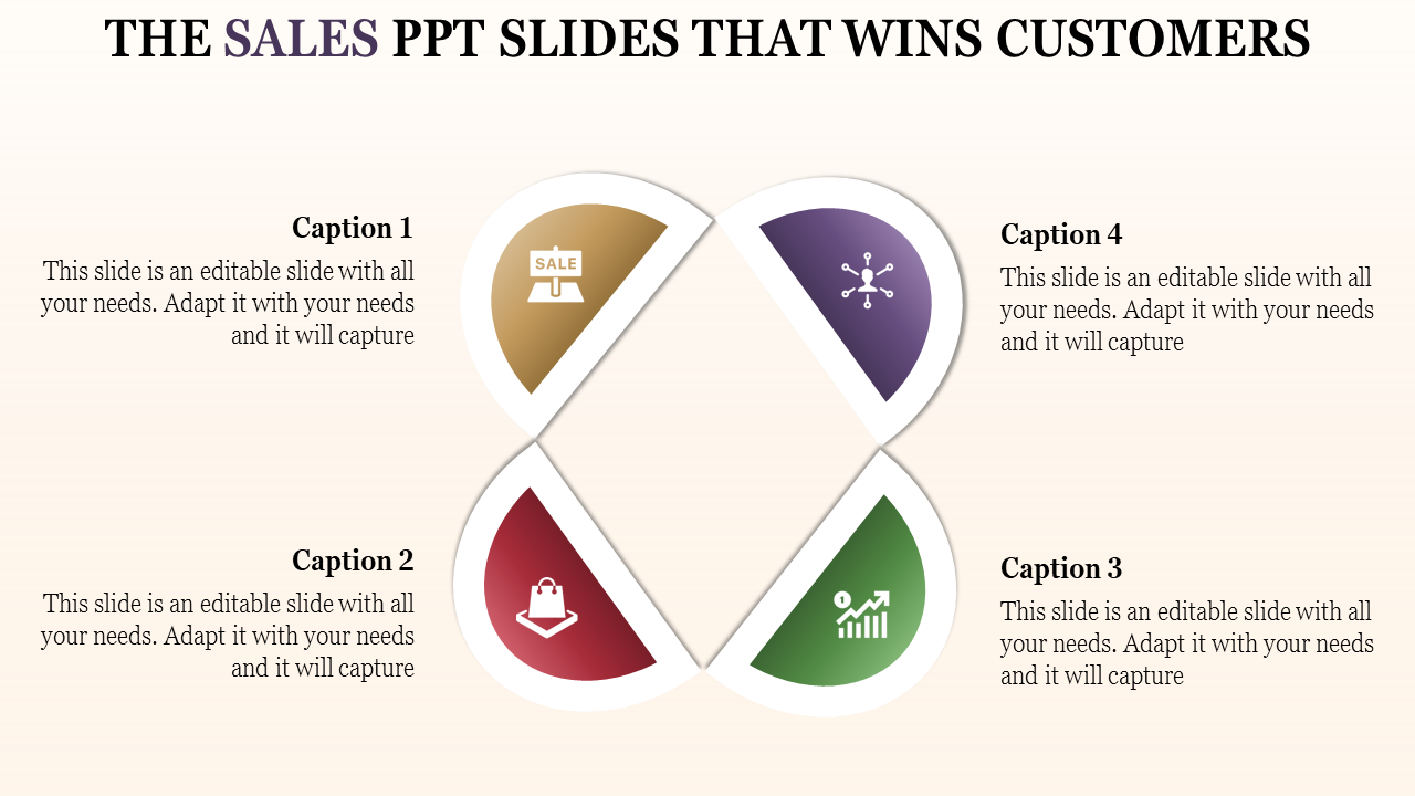 Sales PPT slide with four segments featuring icons for different sales related aspects with placeholder text.