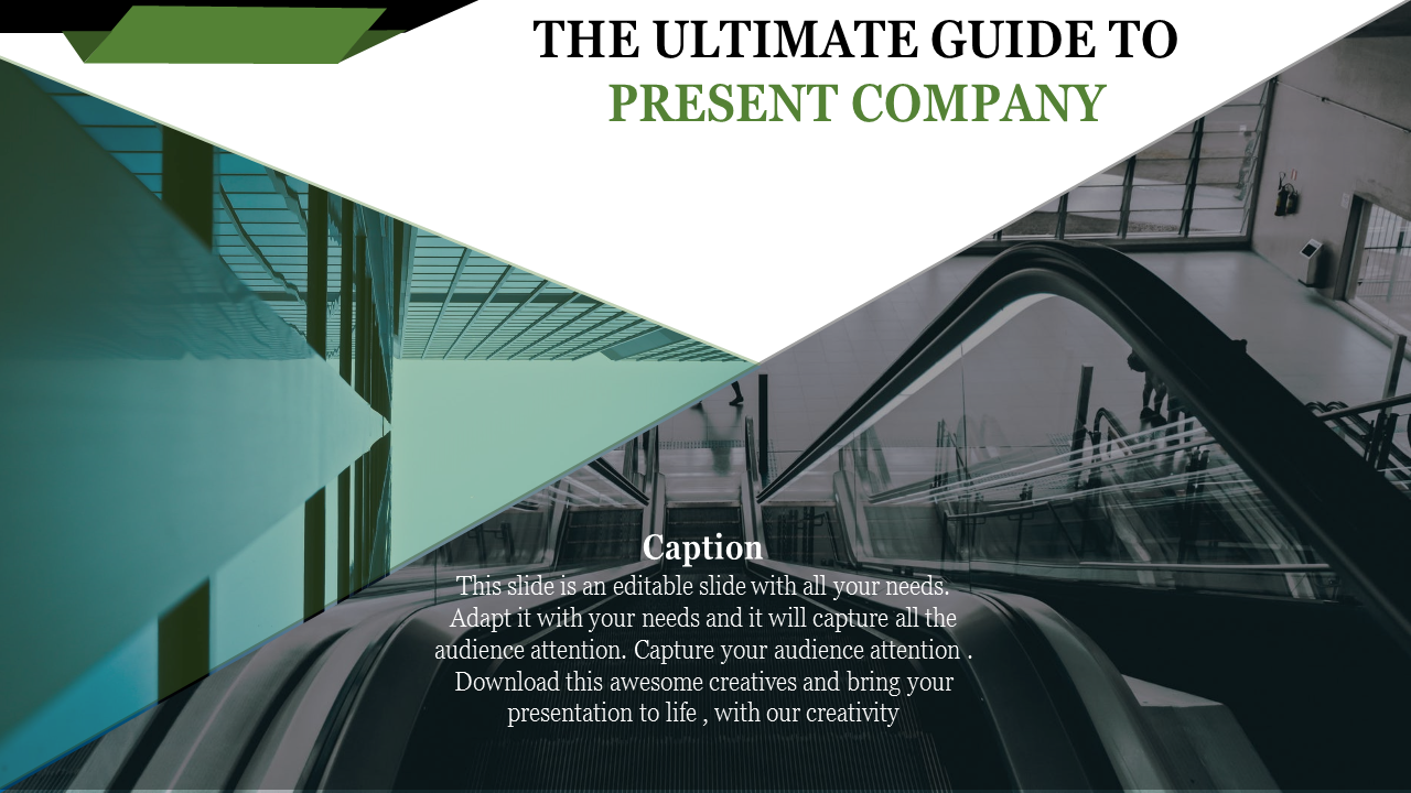 PowerPoint slide with an image of a modern building's escalator, with a design for presenting company information.