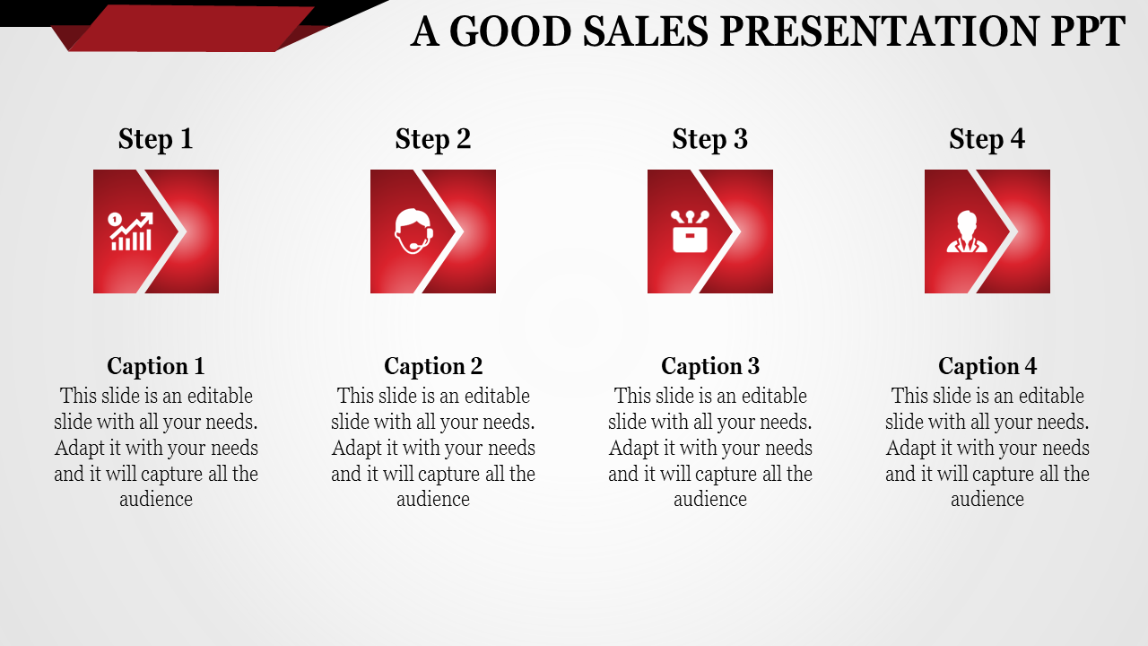 Sales presentation template with four steps, each represented by a red arrow and icon, to guide through the sales process.