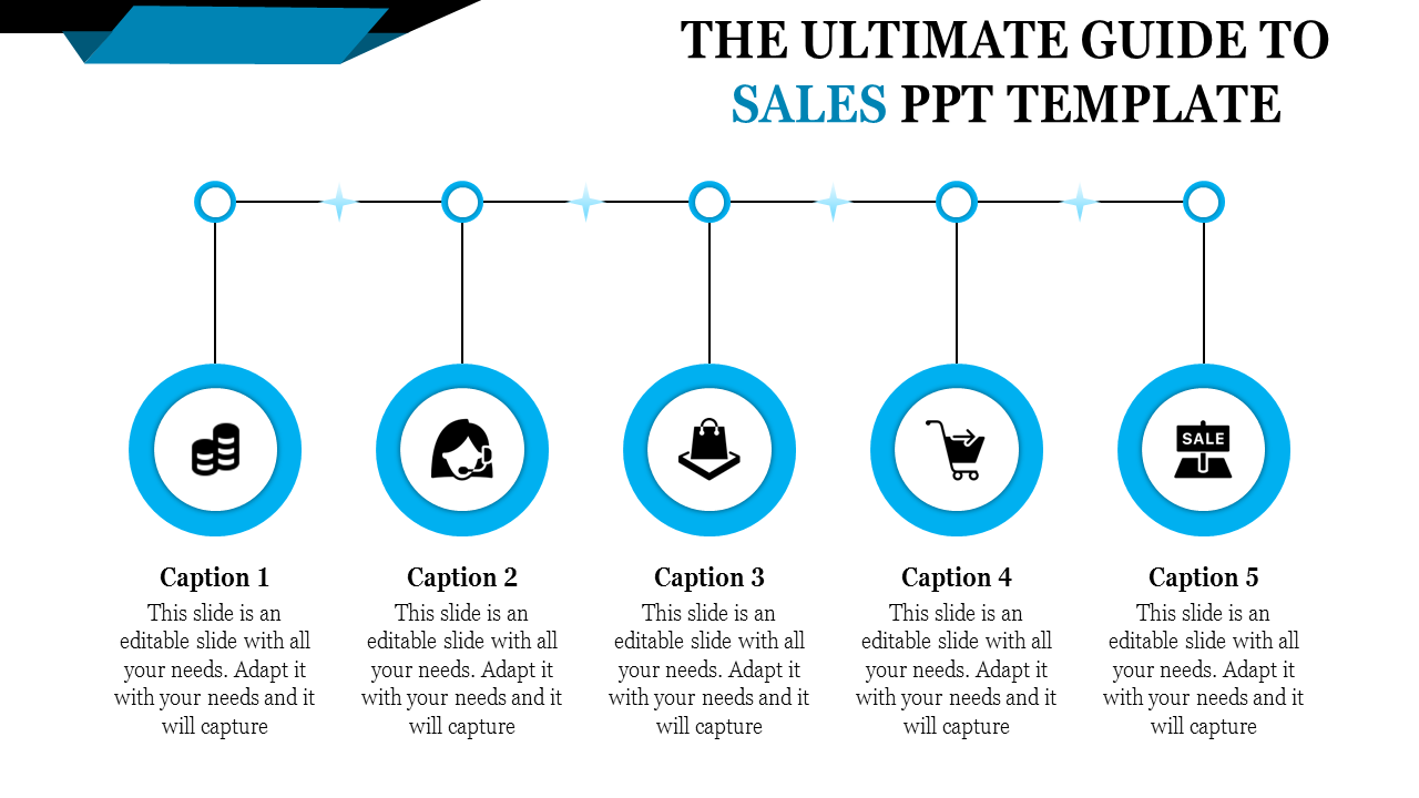 Sales PowerPoint slide with five steps, each symbolized by circular icons representing key sales actions.