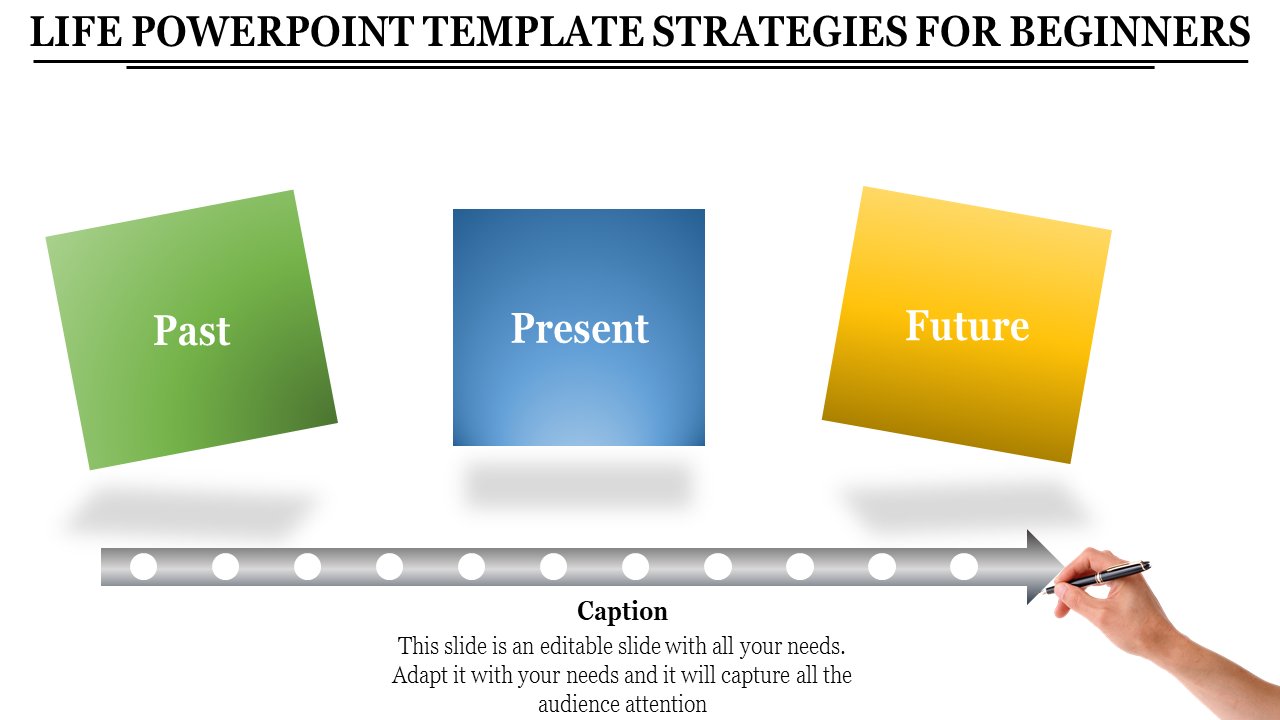 Life PowerPoint slide showcasing life stages Past, Present, and Future, with a dotted line and a hand drawing attention.