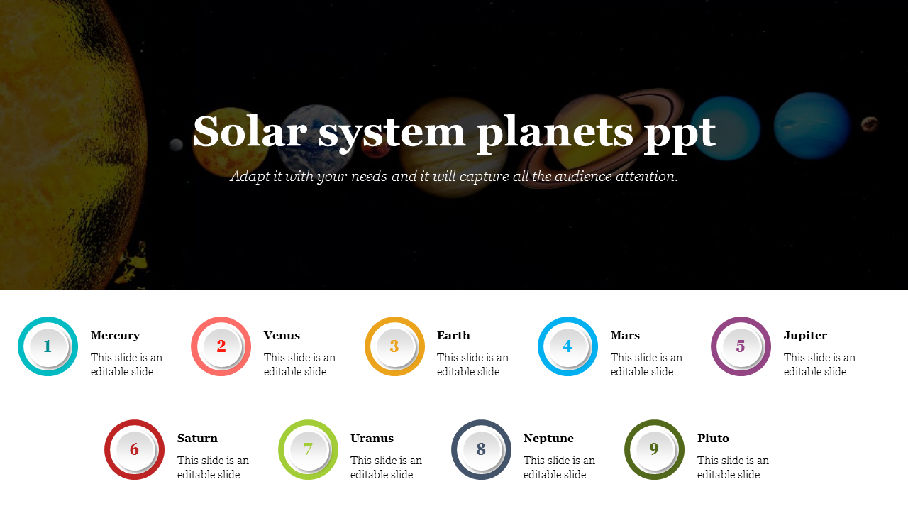 Solar system slide featuring planets and placeholder text for each planet section.