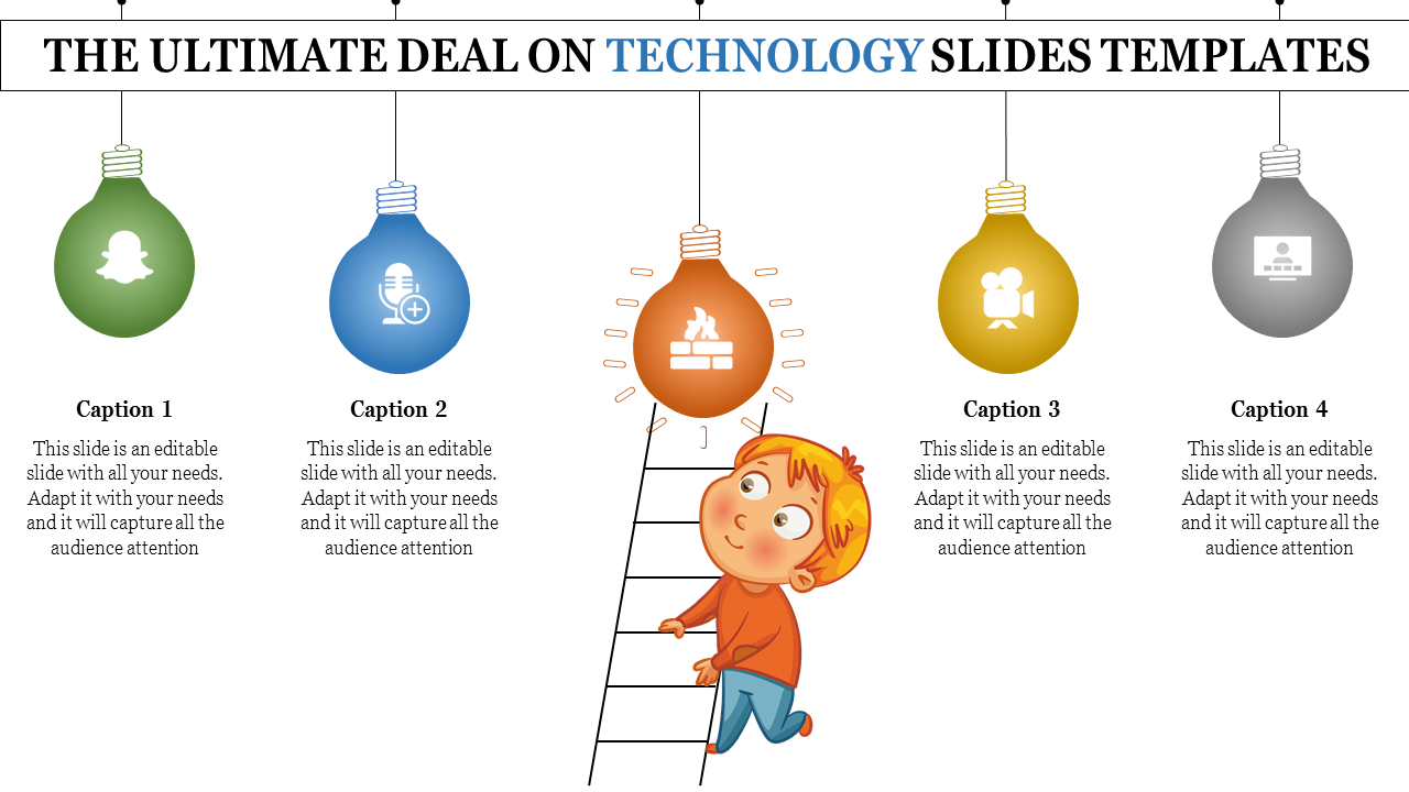 Slide with five hanging lightbulb icons in green, blue, orange, yellow, and gray, with technology related icons and captions.