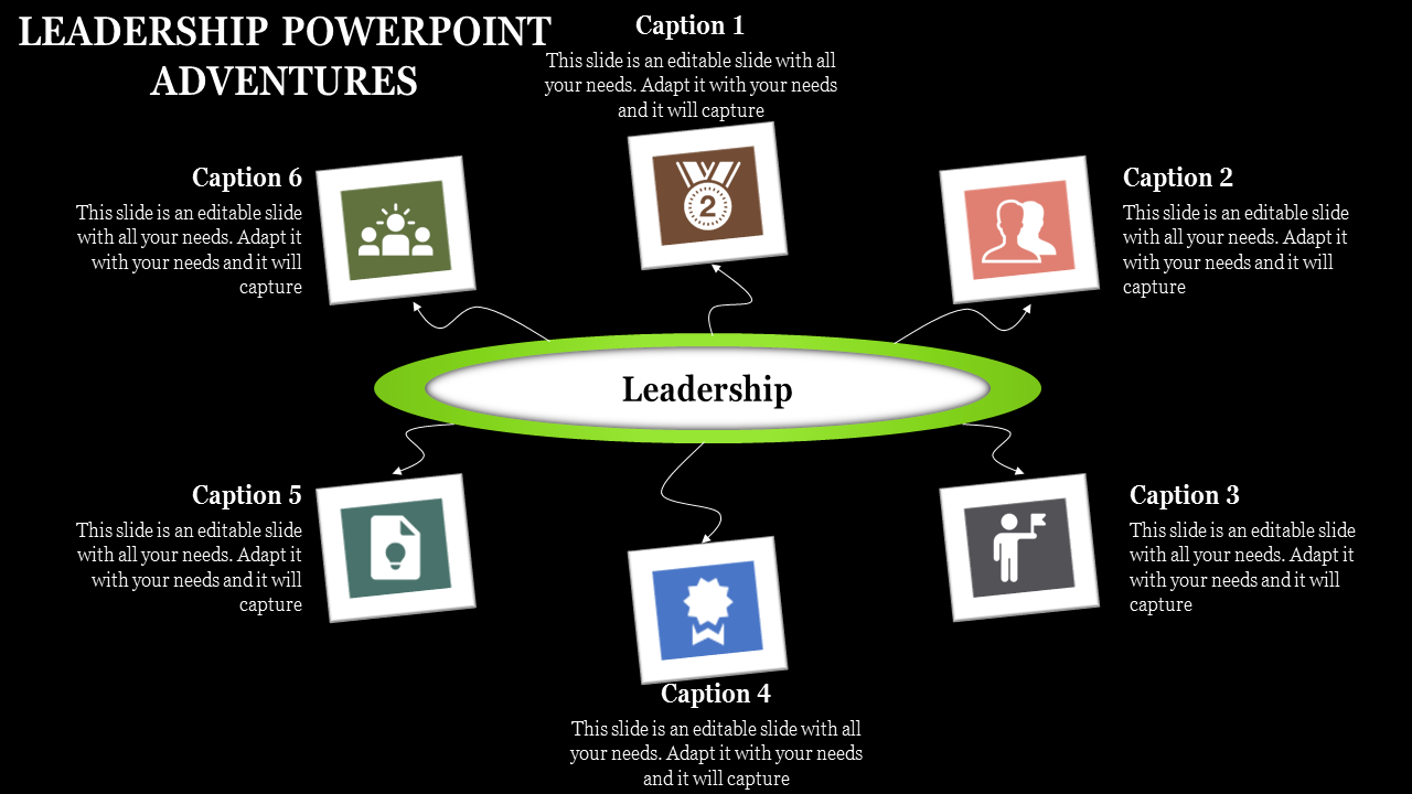 Black background slide featuring a central green oval connected to six square icons with captions.