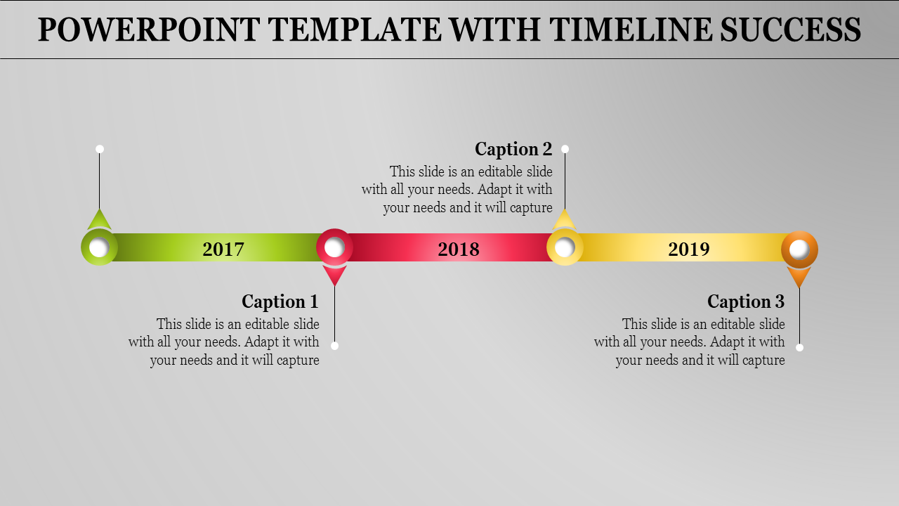 Timeline slide showing key events across 2017 to 2019, with caption areas aligned under each year.