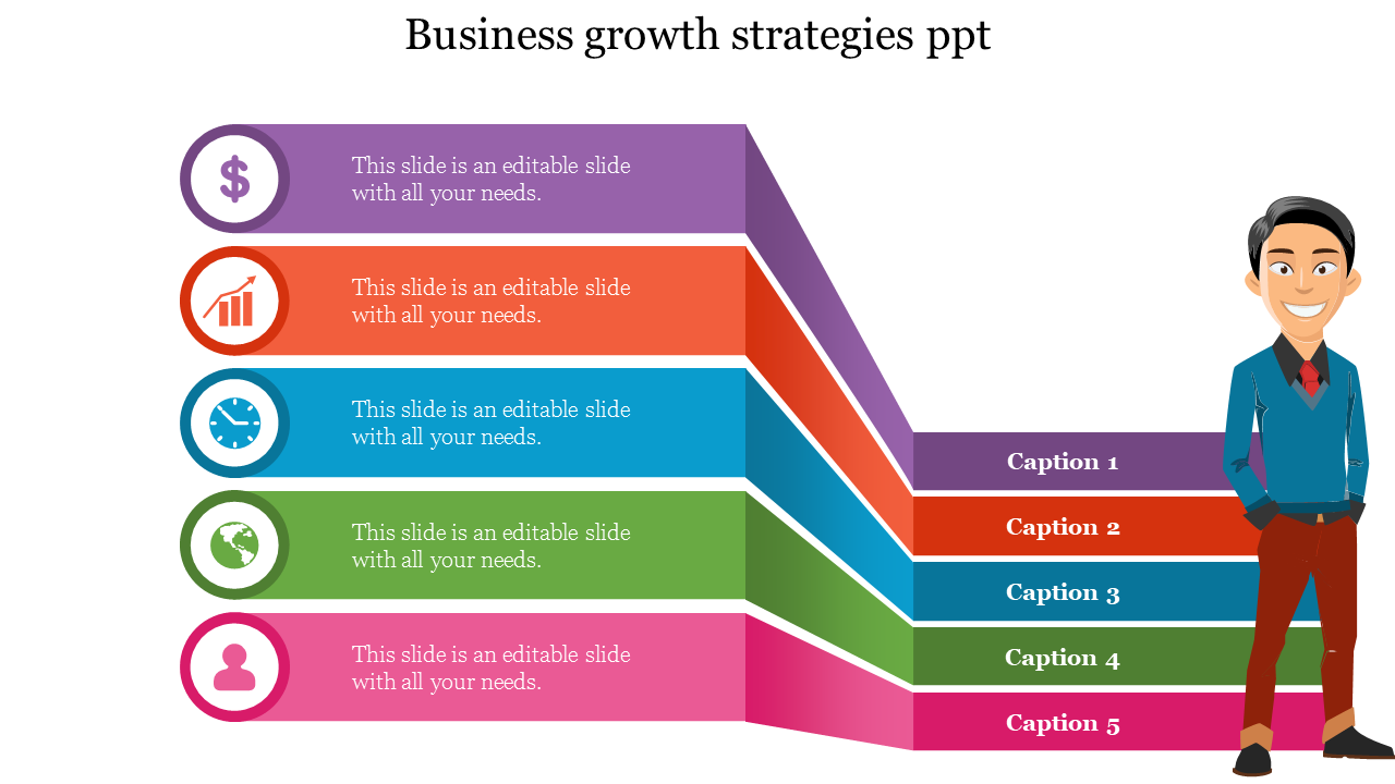 Business growth strategies slide with colorful layered segments and icons with captions accompanied by a cartoon figure.