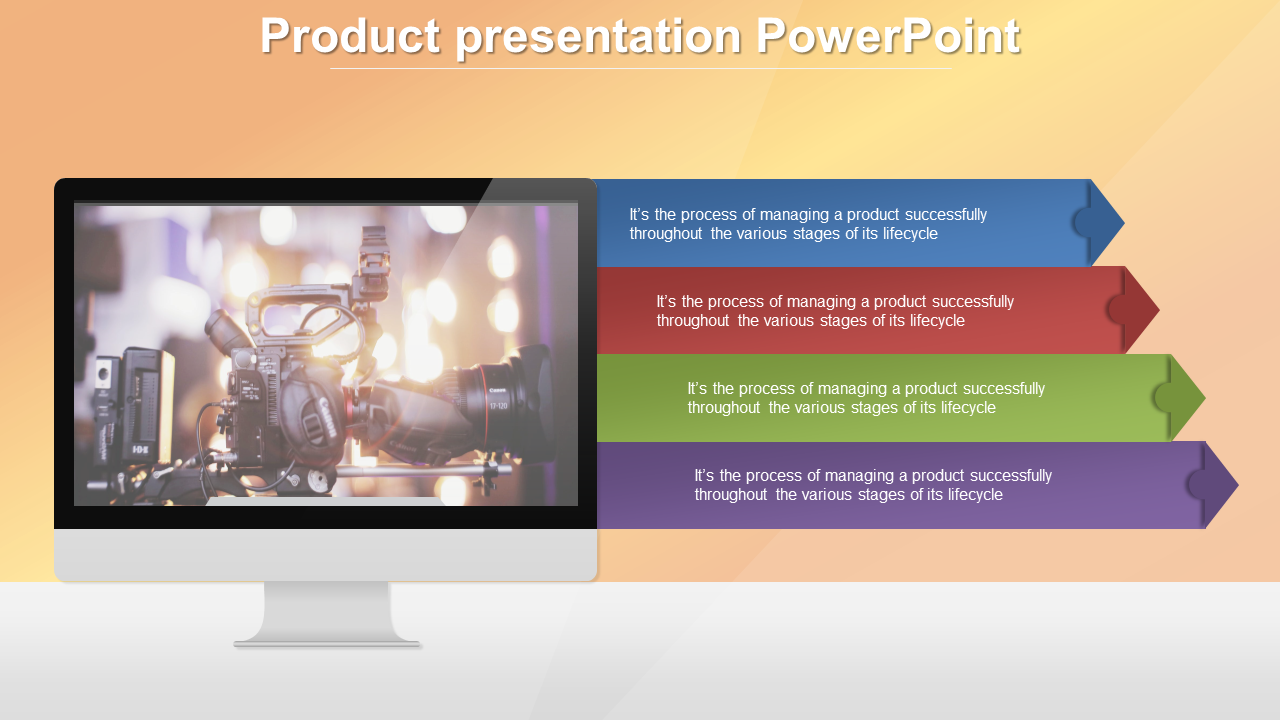 Slide illustrating the concept of product lifecycle management with a camera and lights on a desktop monitor.