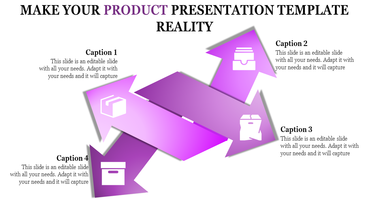 Four intersecting purple arrows with white product icons, radiating a 3D effect for a presentation layout.