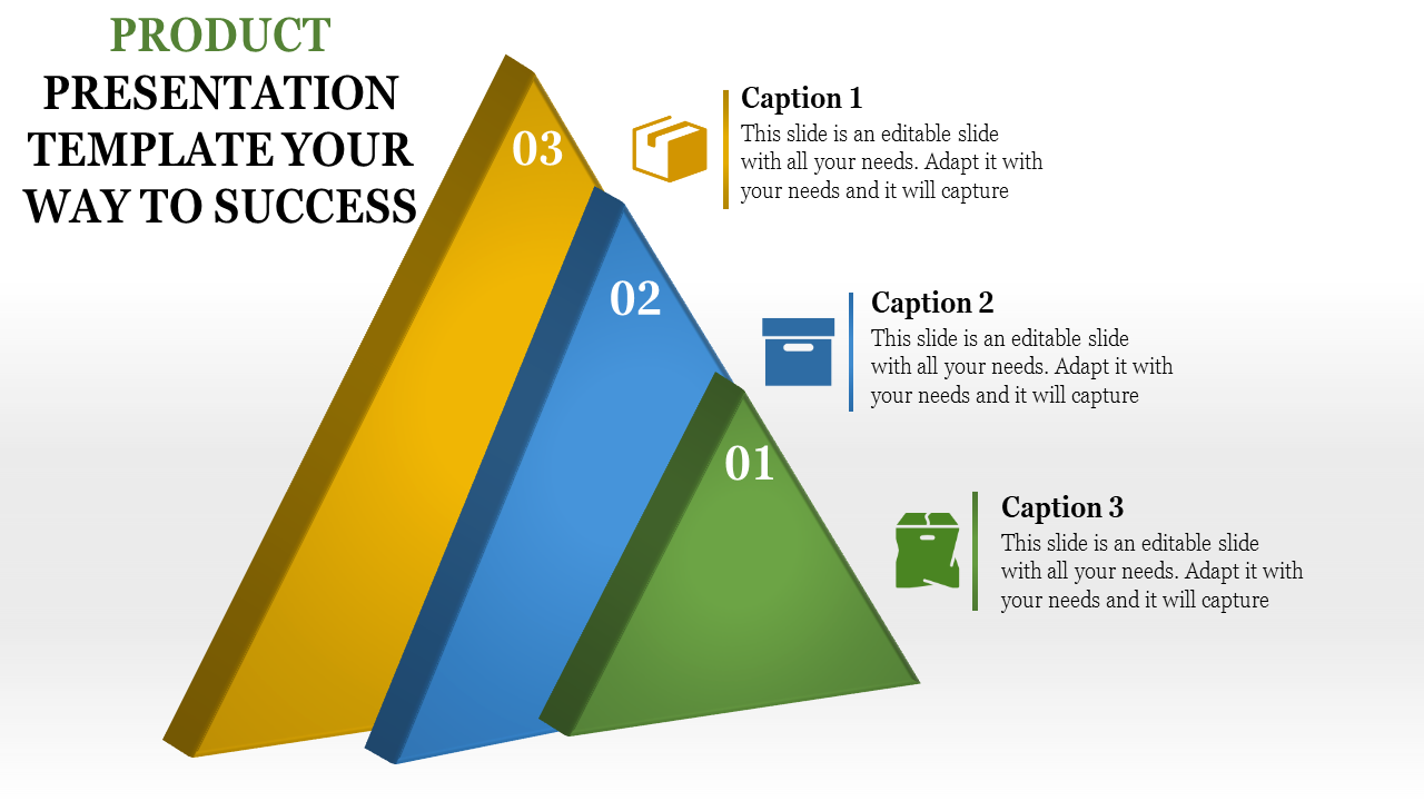 Product presentation template featuring a triangular flow with icons representing different stages with captions.