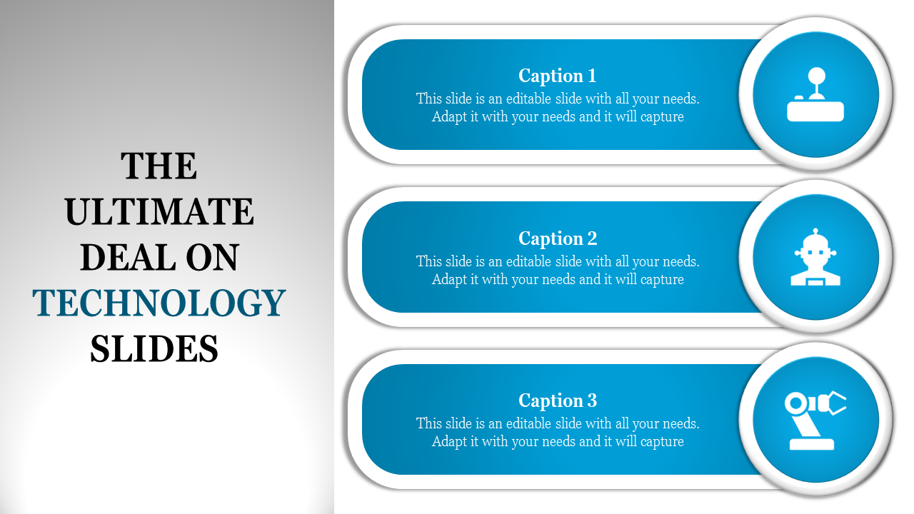 A PowerPoint slide with three sections, each featuring an icon representing technology with placeholder text.