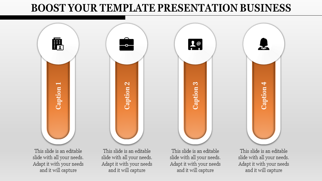 Four vertical orange elements capped with circular icons for business, user-related themes and caption areas.