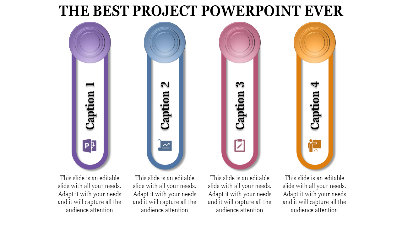 Project infographic with icons vertical capsules in bold colors displaying sequential steps linked to icons.