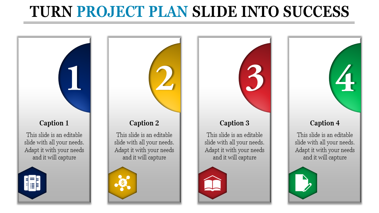 Project plan infographic design vertical panels with gradient backgrounds, numbered 1 to 4, paired with captions and icons.