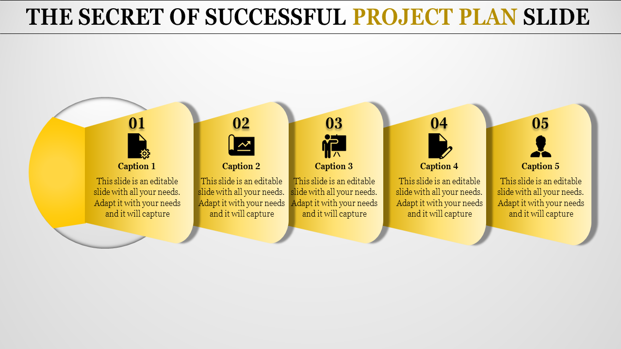 Project plan slide featuring five yellow phases, each with an icon and text areas.