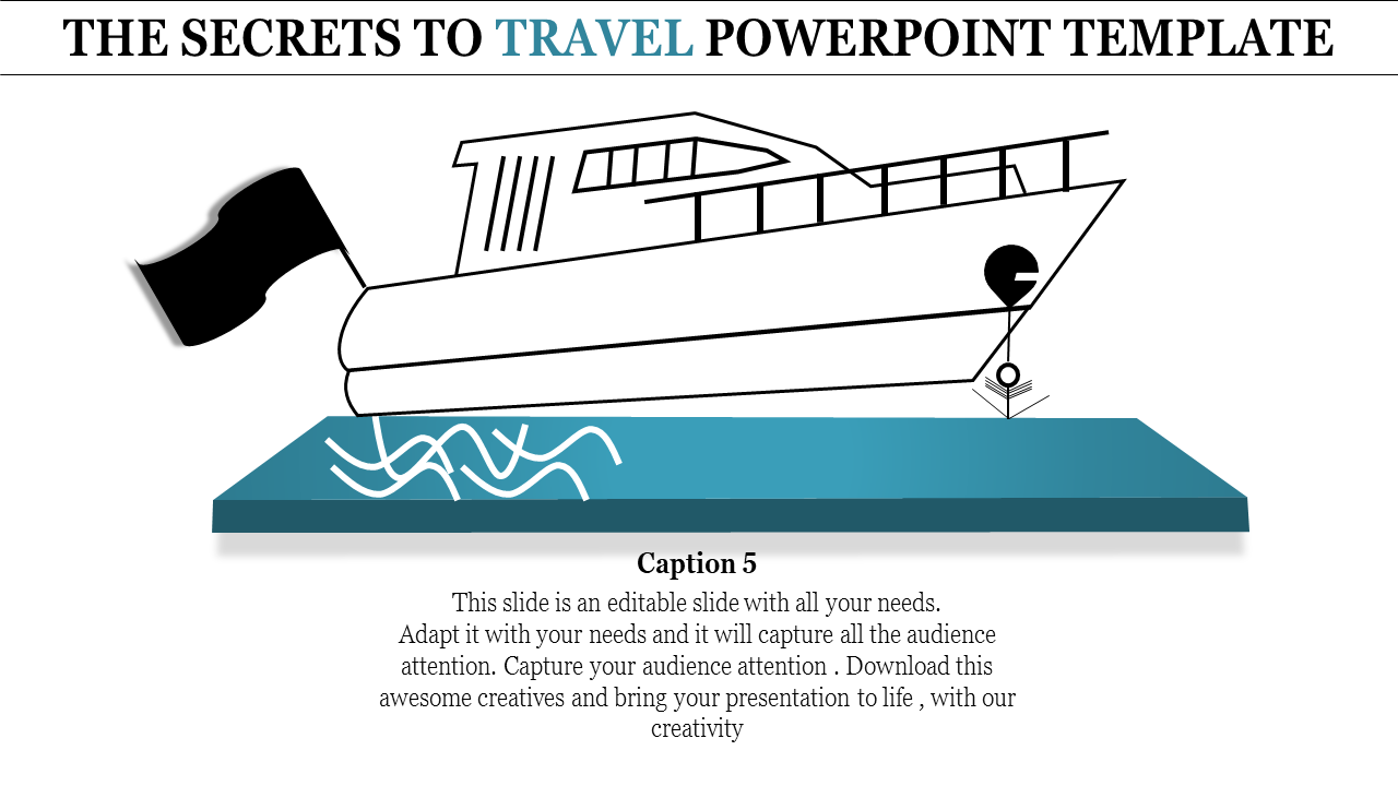 Travel template featuring a black and white boat illustration on a blue platform with a waving flag.