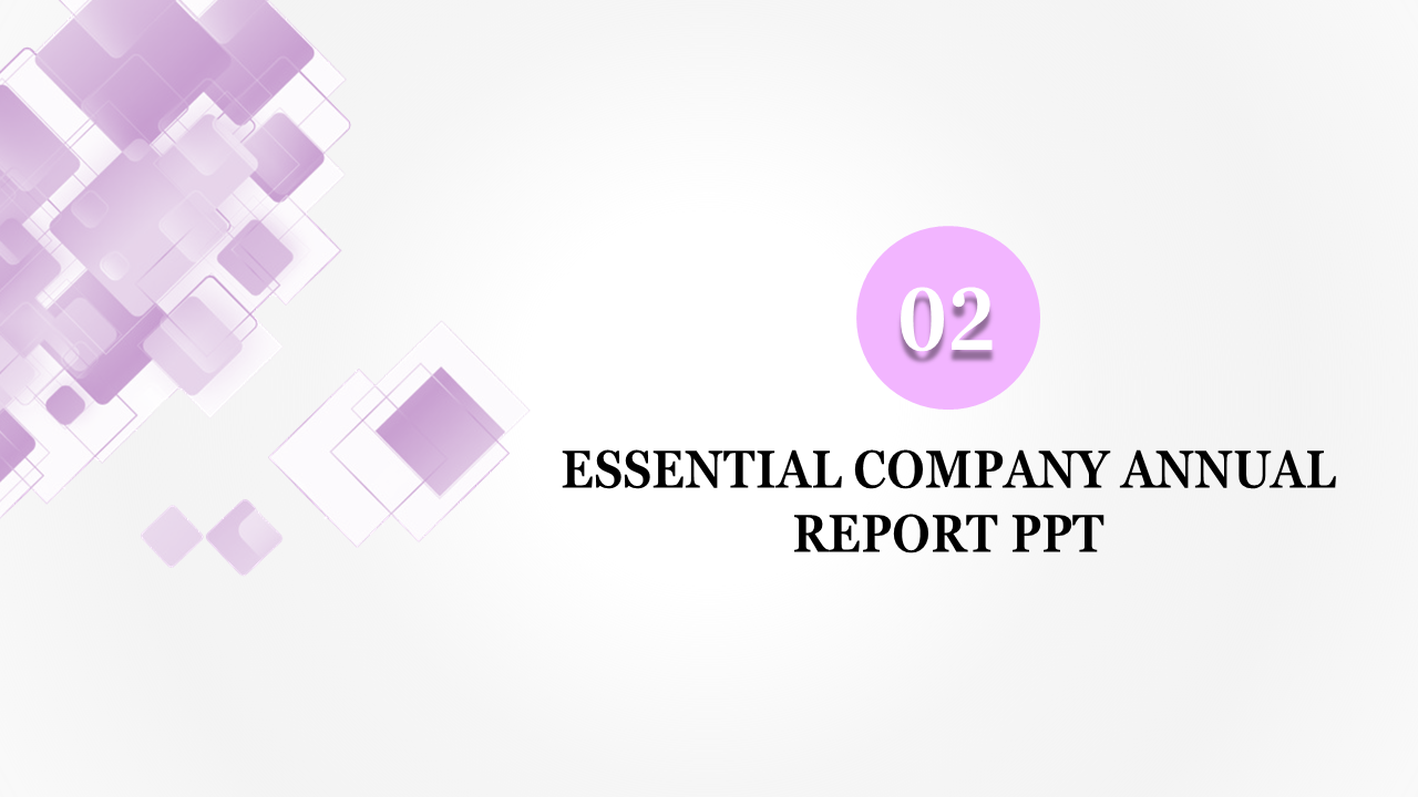 Minimalist PowerPoint slide for an annual report presentation, featuring purple squares and the title text.