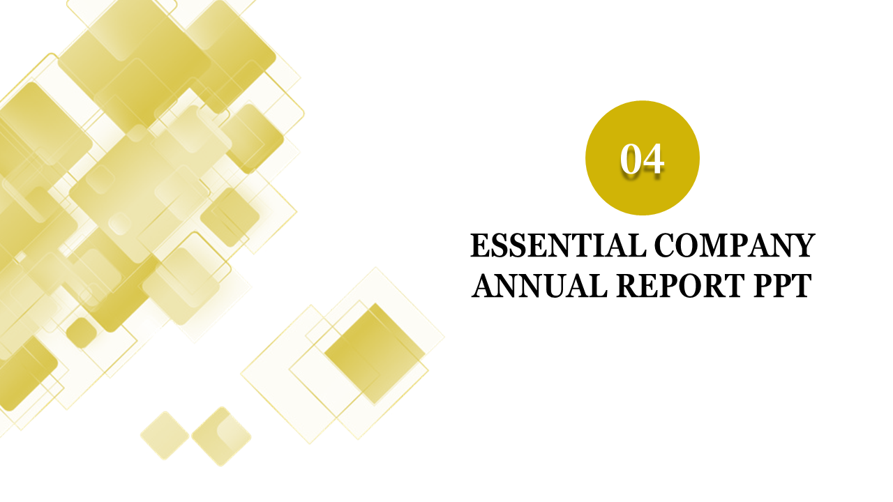 A slide from a company annual report PowerPoint template featuring geometric yellow shapes and the number 04.