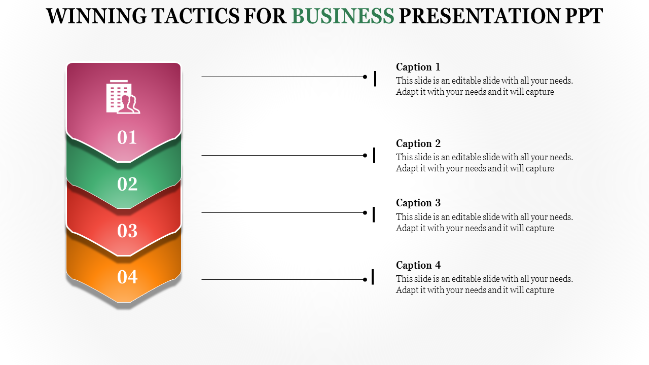 Business slide featuring a vertical layered design with four colorful numbered sections and captions on the right.