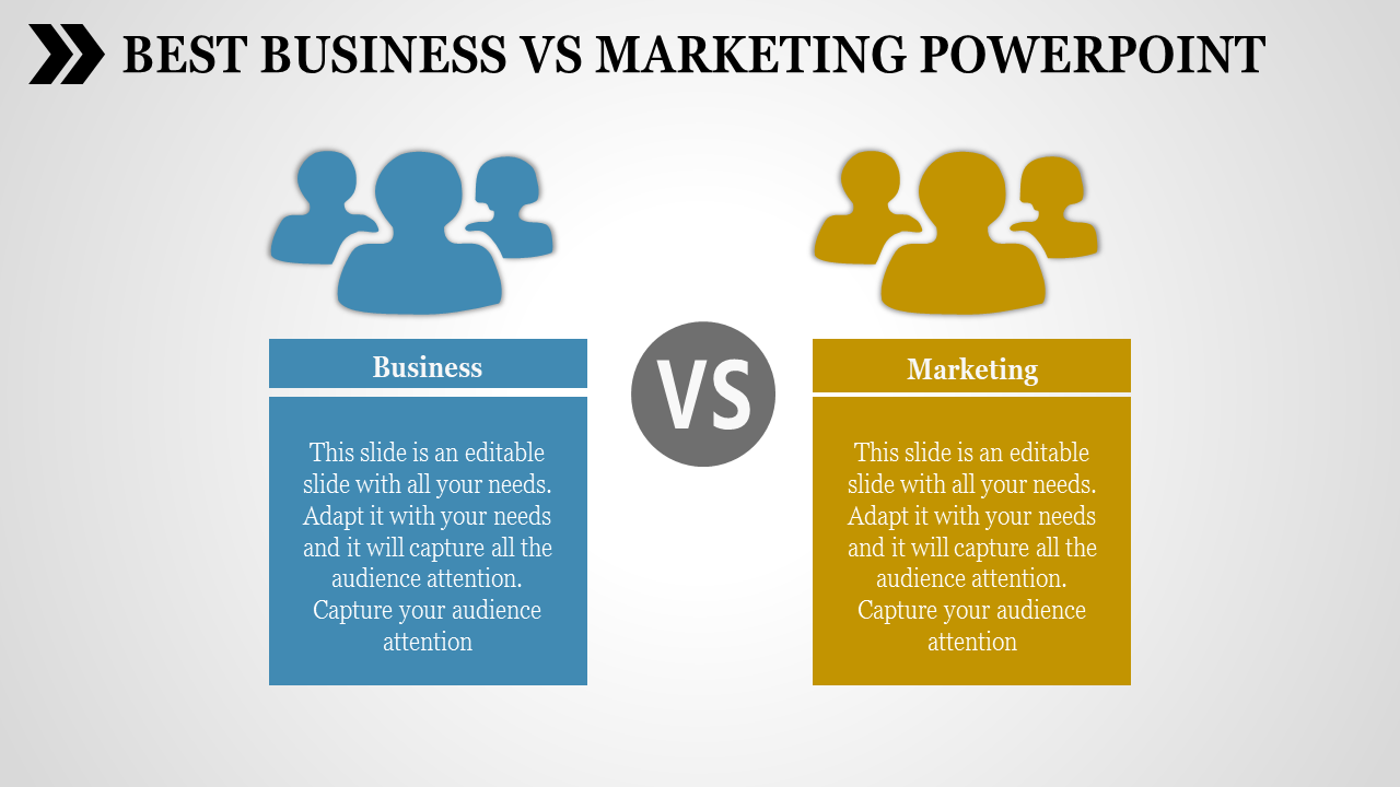 Comparison slide featuring business vs marketing with blue and yellow team icons and placeholder text areas.