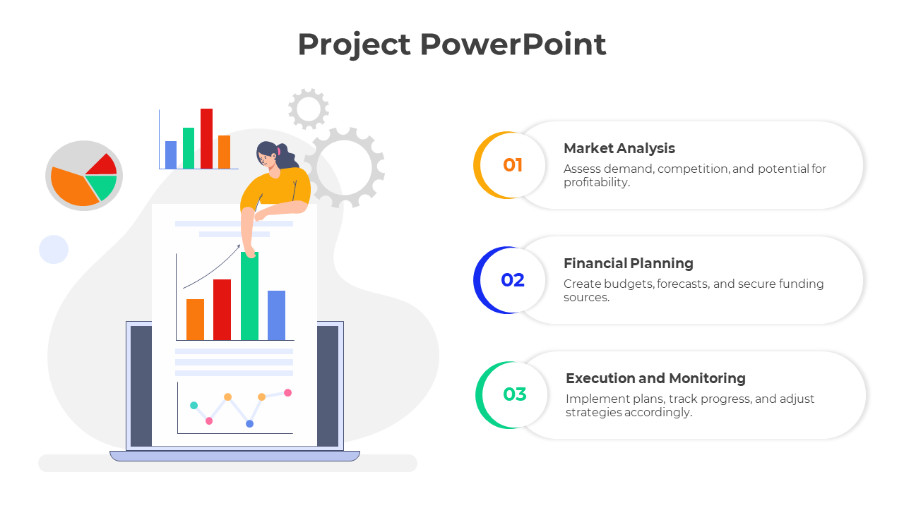 Project slide showing a graphic of a woman holding a report with colorful charts and three numbered steps on the side.