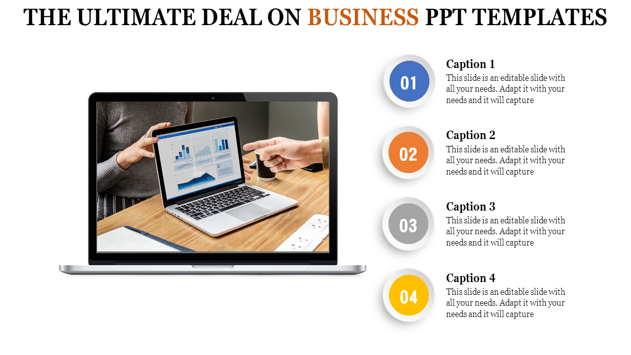 Laptop displaying business charts with numbered captions in blue, orange, gray, and yellow on the right.