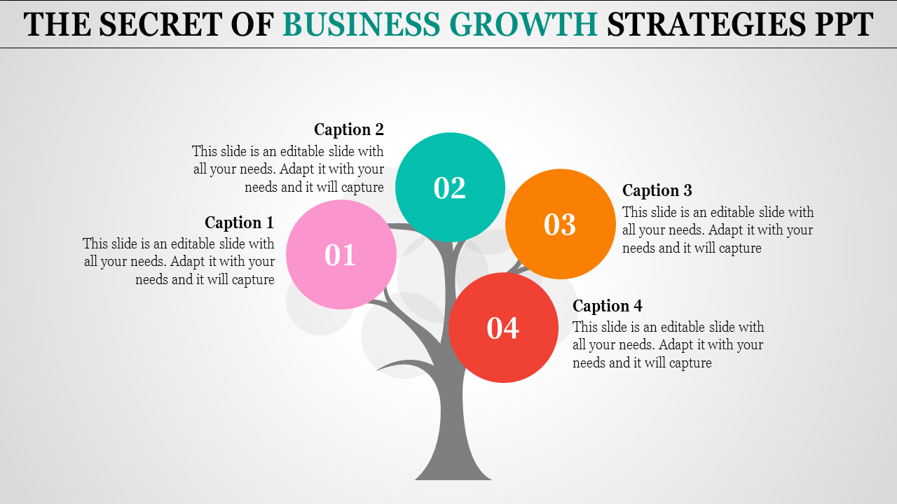 Colorful business growth strategies PowerPoint template featuring a tree with numbered circles representing different steps.