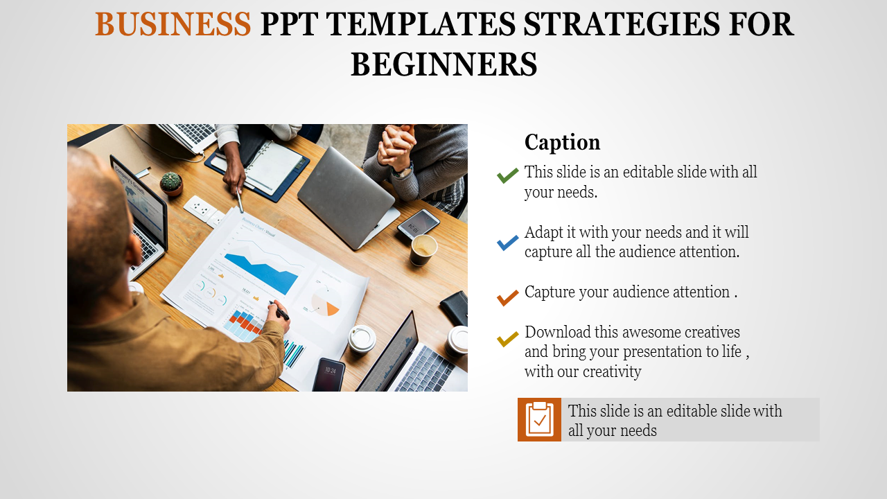 Business strategy template featuring a team discussion photo on the left and captioned text on the right.