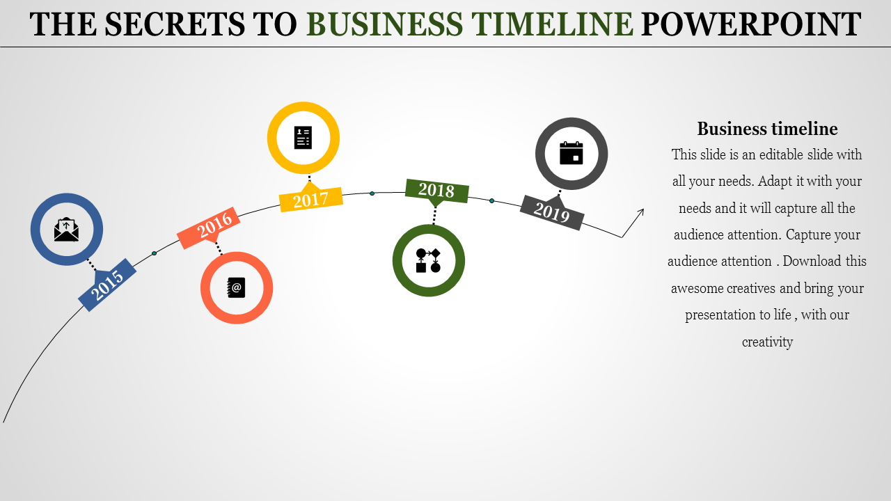 Business timeline slide showing a curved timeline with milestones from 2015 to 2019, featuring icons for each year.