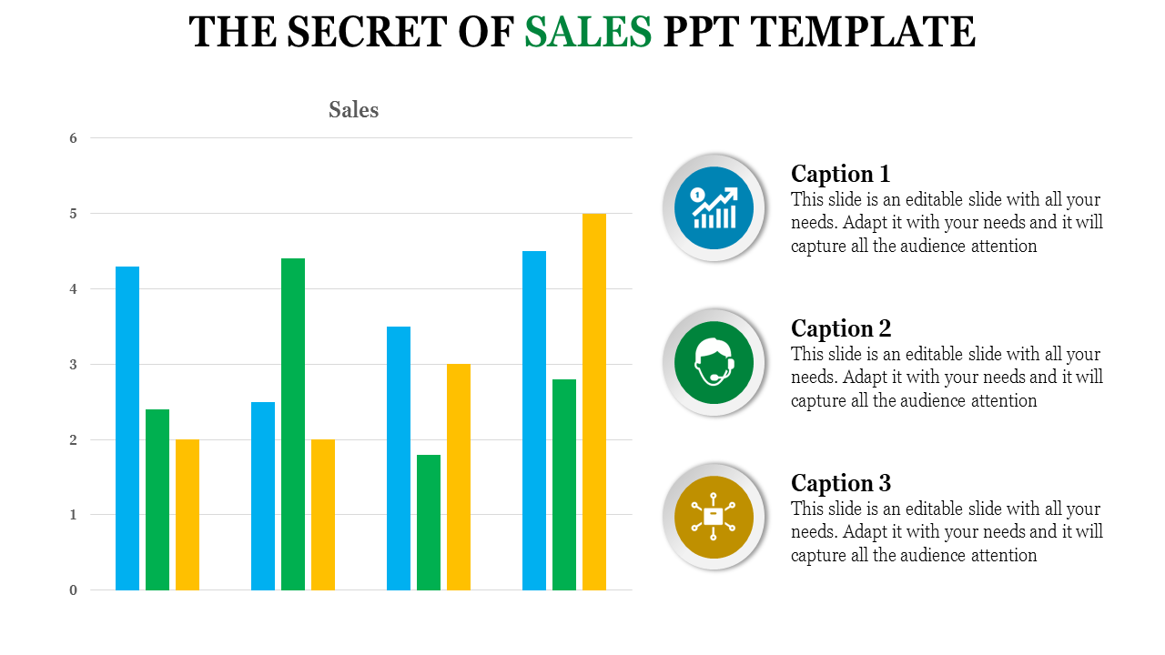 Bar chart with blue, green, and yellow bars on the left, three circular icons with captions on the right.