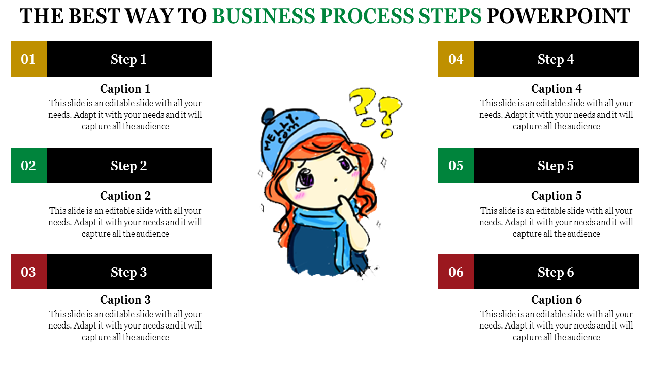 Slide with six business steps in black rectangles with colored headers, and an illustrated girl with a question expression.