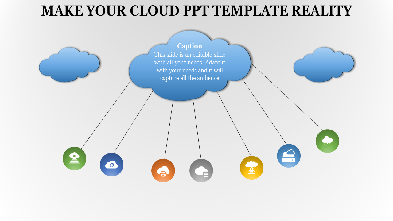 Central blue cloud with a caption linked to icons below, representing functions like backup, weather, and technology.