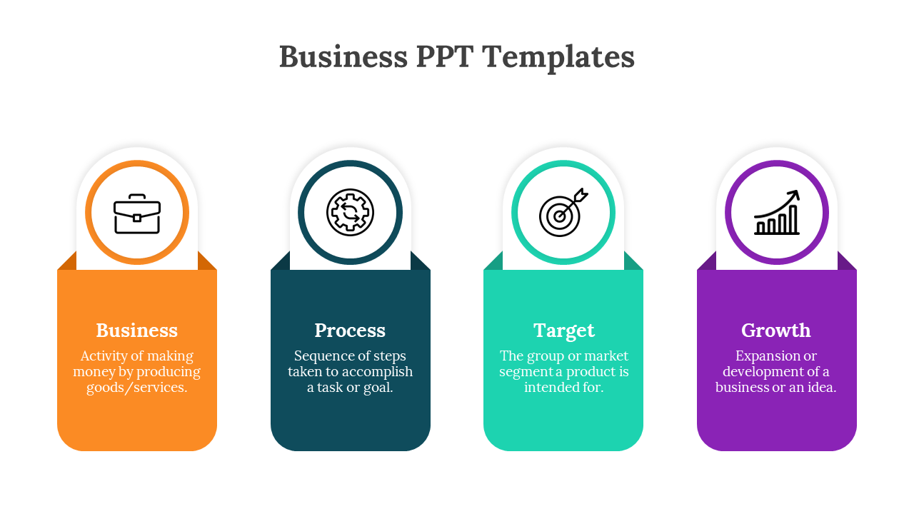 Business templates showing four pillars: Business, Process, Target, and Growth, with icons and matching colored backgrounds.