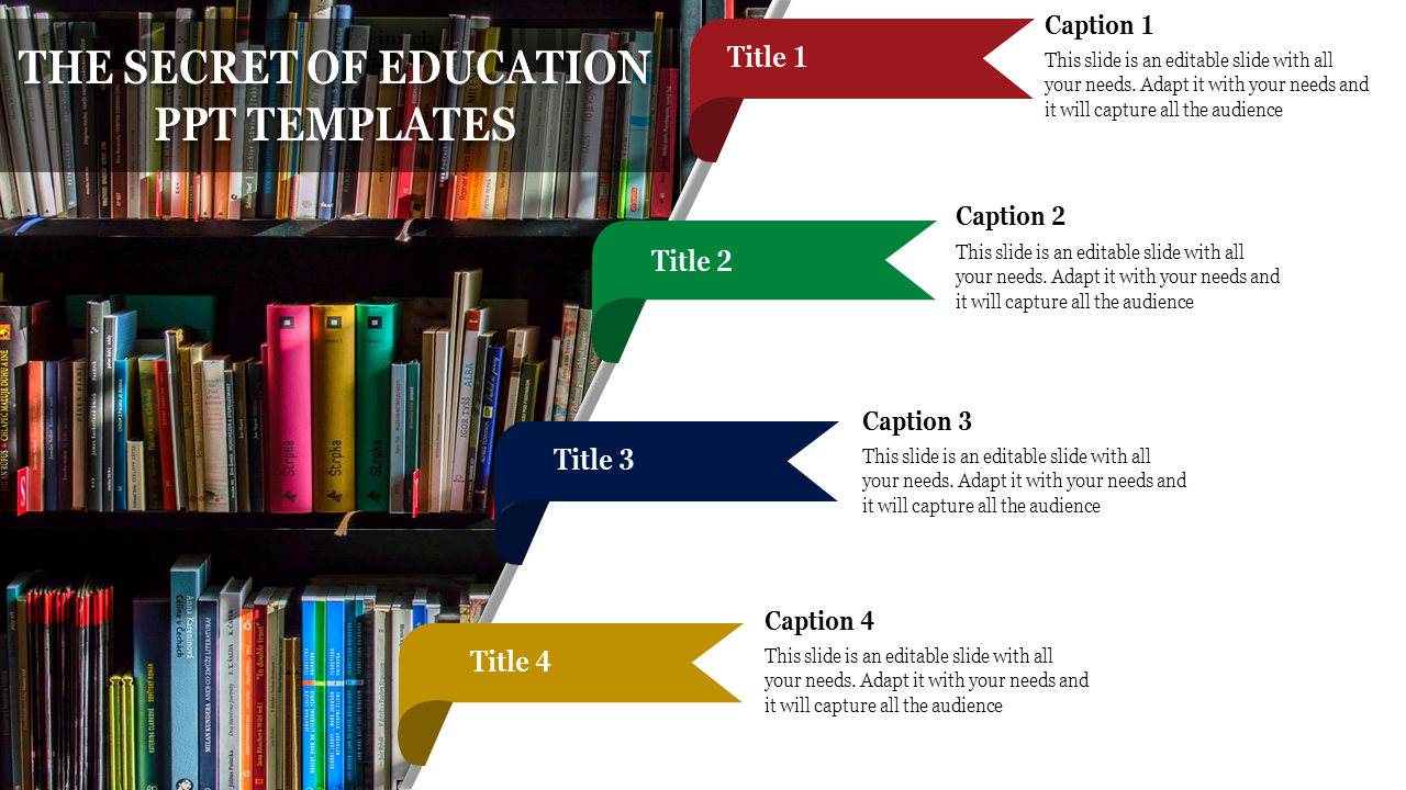 Education template showcasing a vibrant bookshelf on the left, complemented by four captioned banners on the right 