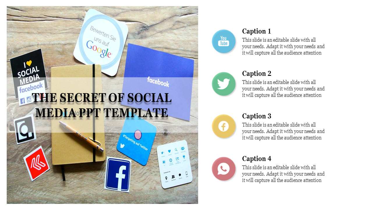 Social media themed layout featuring platforms like Facebook, Twitter, and YouTube alongside a notebook and captions.