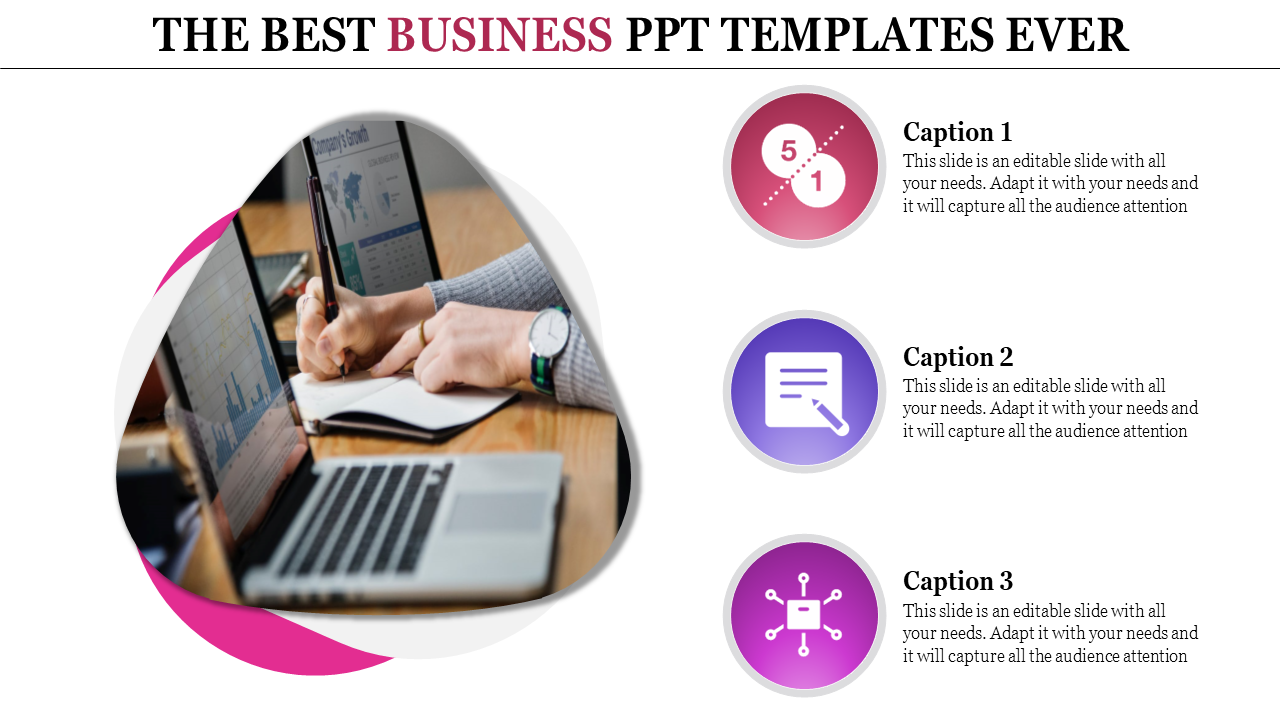 Business PowerPoint template featuring icons for data analysis, writing, and network systems along with a laptop and charts.